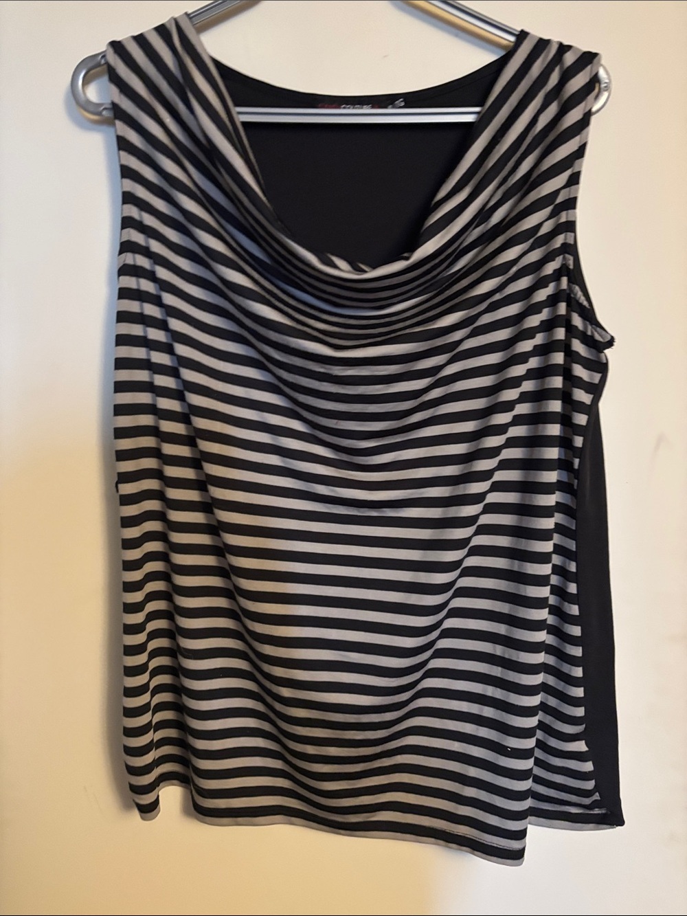 Striped Sleeveless Cowl Neck Tank Top - Black and Cream